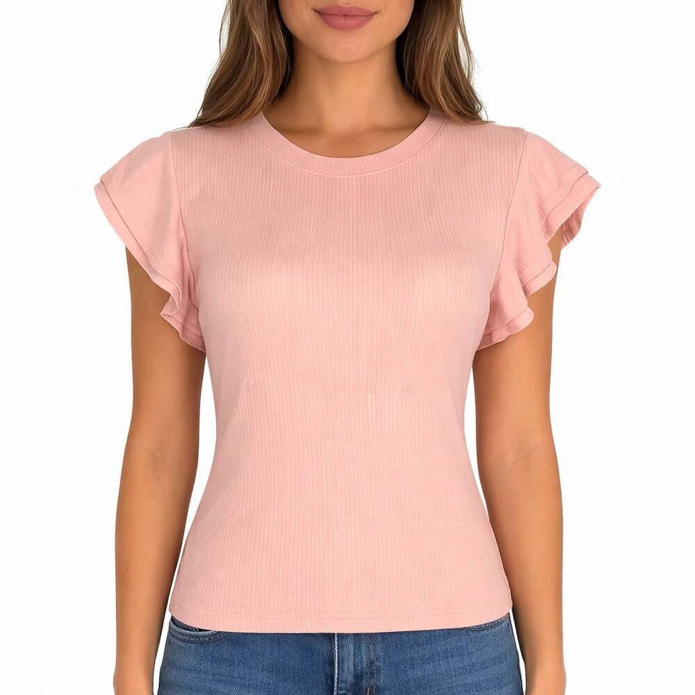 Anthropologie Deletta Pink Ribbed Flutter Ruffle Sleeve Keyhole Back Knit Top S